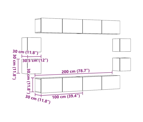 Conjunto de mueble de TV 8 piezas montado la pared madera vieja