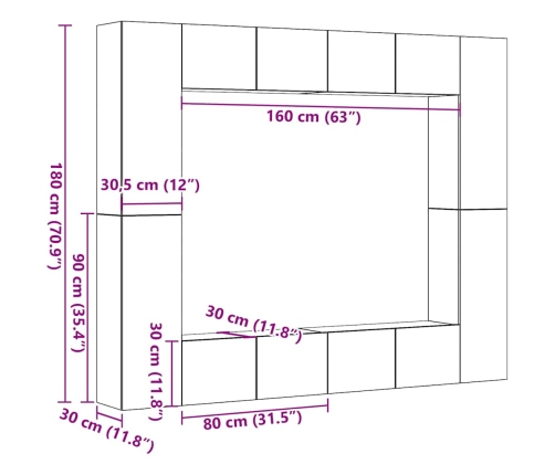 Conjunto de mueble de TV 8 piezas montado la pared madera vieja