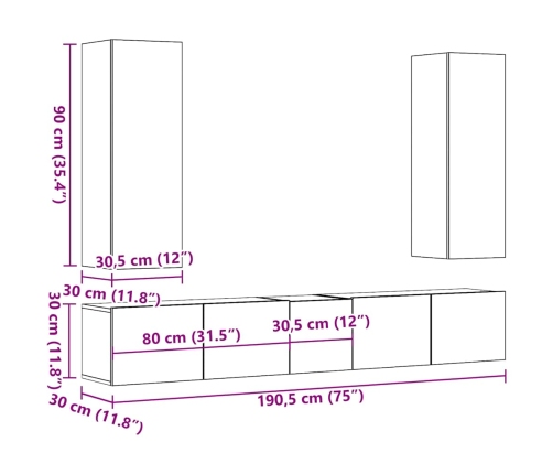 Muebles de TV de pared 5 uds madera ingeniería roble artesanal