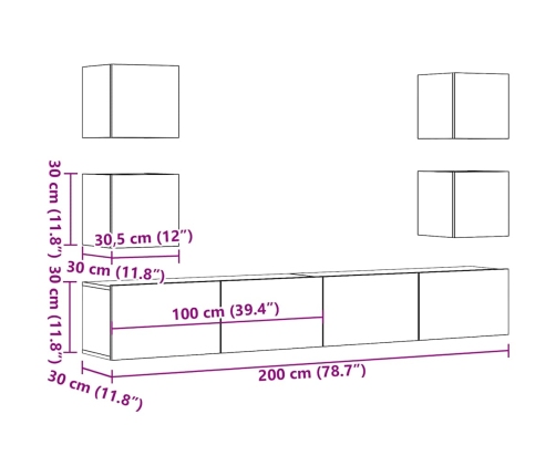 Muebles de TV de pared 6 uds madera vieja madera de ingeniería