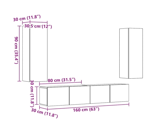 Muebles de TV de pared 4 uds madera vieja madera de ingeniería