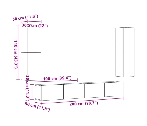 Muebles de TV de pared 4 uds madera vieja madera de ingeniería