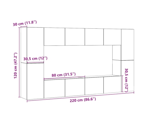 Conjunto de mueble de TV 8 piezas montado la pared madera vieja