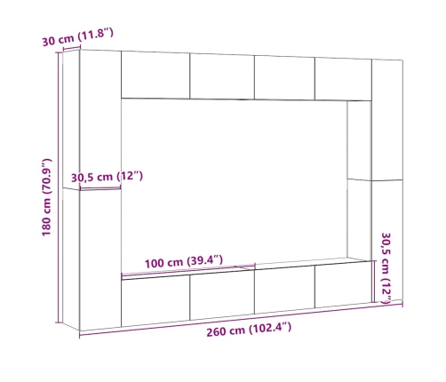 Conjunto de mueble de TV 8 piezas montado la pared madera vieja