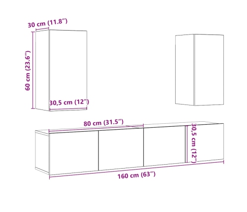 Muebles de TV de pared 4 uds madera vieja madera de ingeniería