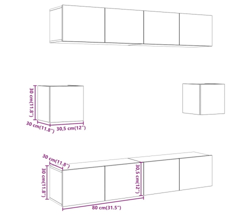 Conjunto de mueble de TV 6 piezas montado la pared madera vieja