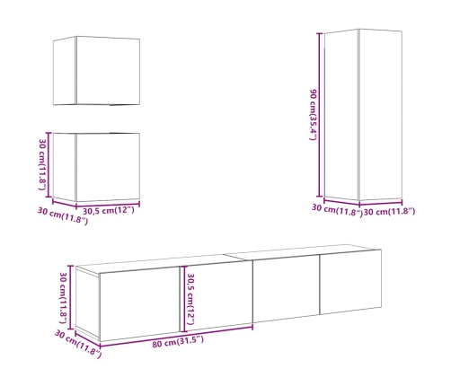 Conjunto de mueble de TV 5 piezas montado la pared madera vieja