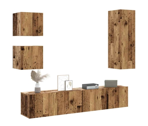 Conjunto de mueble de TV 5 piezas montado la pared madera vieja