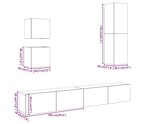 Conjunto de mueble de TV 5 piezas montado la pared madera vieja