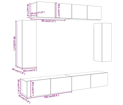 Conjunto de mueble de TV 6 piezas montado la pared madera vieja