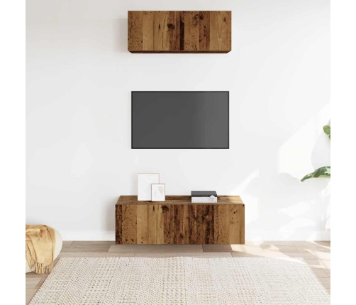 Conjunto de mueble de TV 2 piezas montado la pared madera vieja