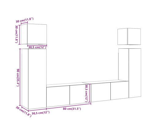 Conjunto de mueble de TV 8 piezas montado la pared madera vieja