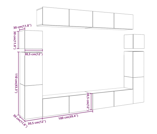 Conjunto de mueble de TV 8 piezas montado la pared madera vieja