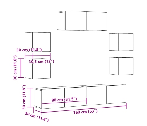 Conjunto de mueble de TV 7 piezas montado la pared madera vieja