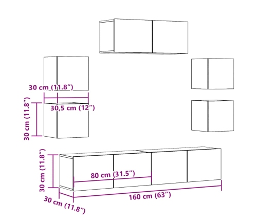 Mueble para TV de pared madera contrachapada artesanal 7 piezas