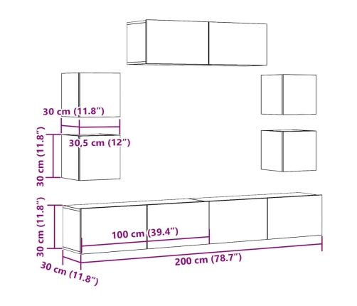 Conjunto de mueble de TV 7 piezas montado la pared madera vieja