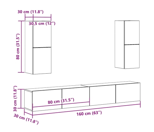 Conjunto de mueble de TV 4 piezas montado la pared madera vieja