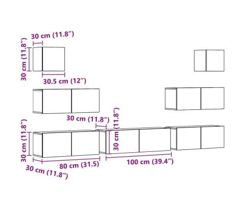 Conjunto de mueble de TV 7 piezas montado la pared madera vieja