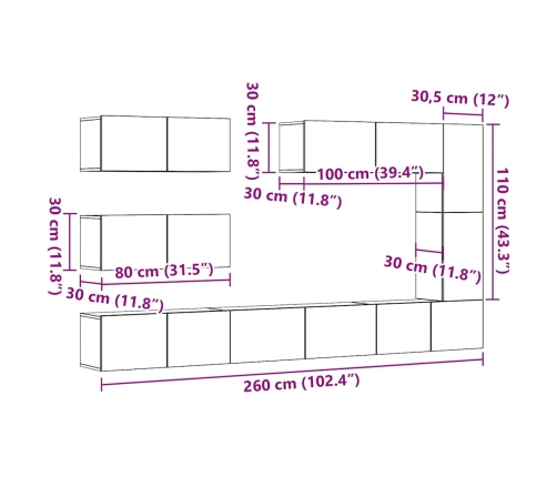 Conjunto de mueble de TV 7 piezas montado la pared madera vieja