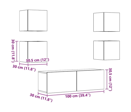 Conjunto de mueble de TV 5 piezas montado la pared madera vieja