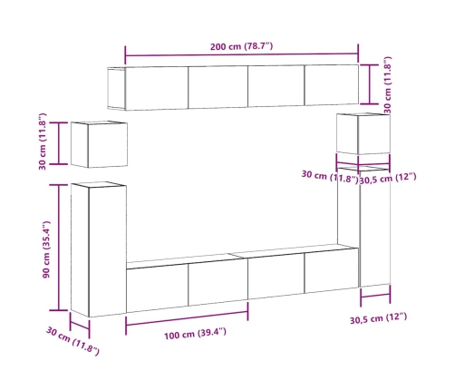 Conjunto de mueble de TV 8 piezas montado la pared madera vieja