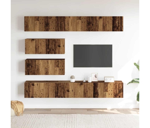 Conjunto de mueble de TV 6 piezas montado la pared madera vieja