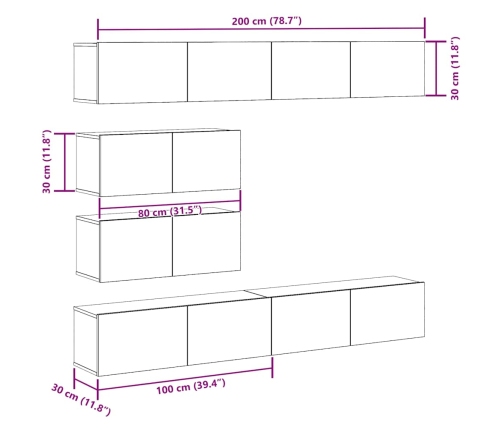 Conjunto de mueble de TV 6 piezas montado la pared madera vieja