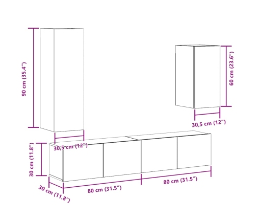 Conjunto de mueble de TV 4 piezas montado la pared madera vieja