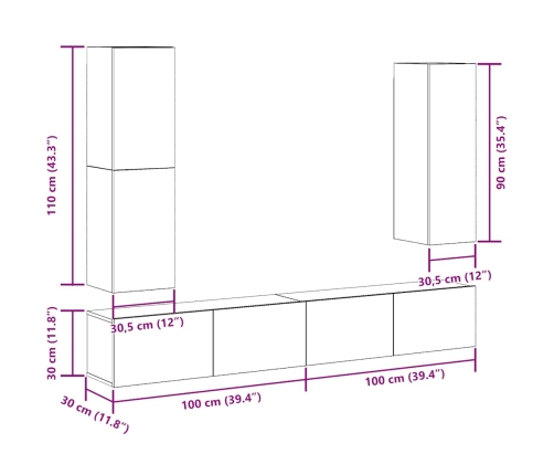 Conjunto de mueble de TV 4 piezas montado la pared madera vieja