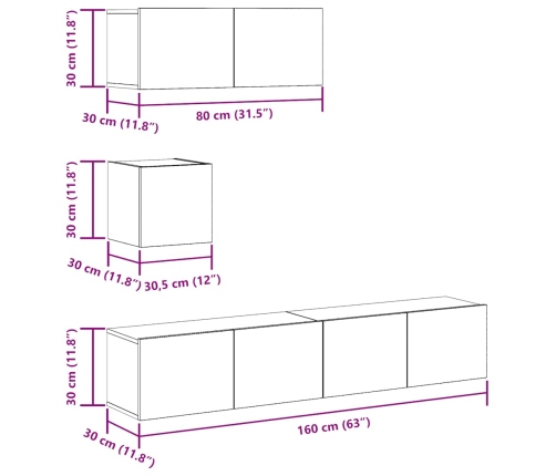 Conjunto de mueble de TV 4 piezas montado la pared madera vieja