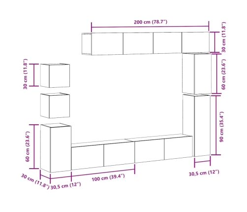 Mueble para TV de pared madera contrachapada artesanal 9 piezas