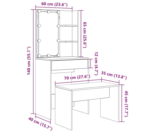 Juego de tocador con LED madera contrachapada madera vieja