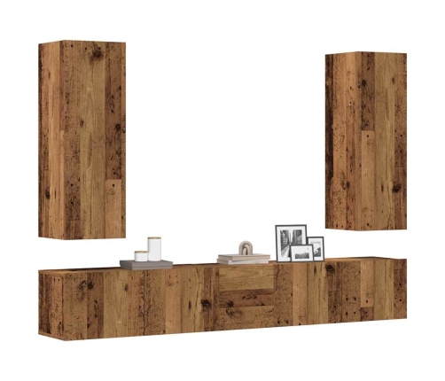 Conjunto de mueble de TV 5 piezas montado la pared madera vieja