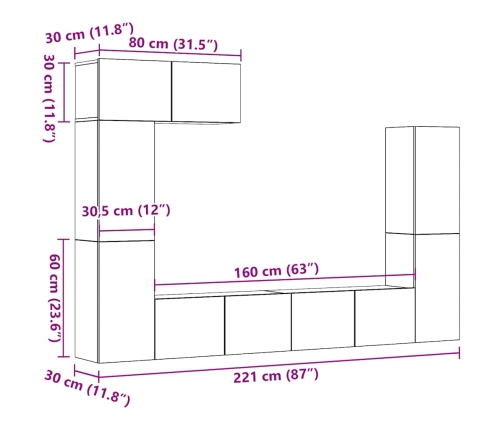 Conjunto de mueble de TV 5 piezas montado la pared madera vieja