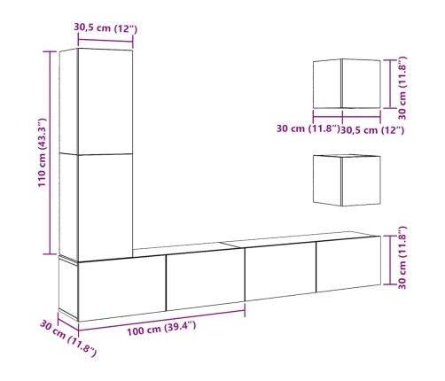 Conjunto de mueble de TV 5 piezas montado la pared madera vieja