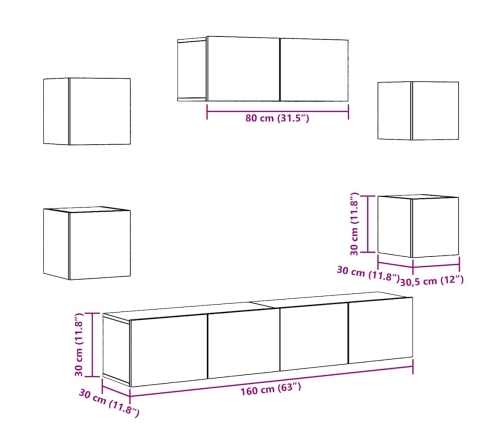 Mueble para TV de pared madera vieja 5 piezas