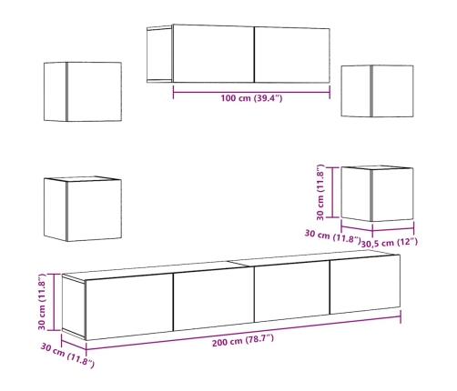 Conjunto de mueble de TV 7 piezas montado la pared madera vieja