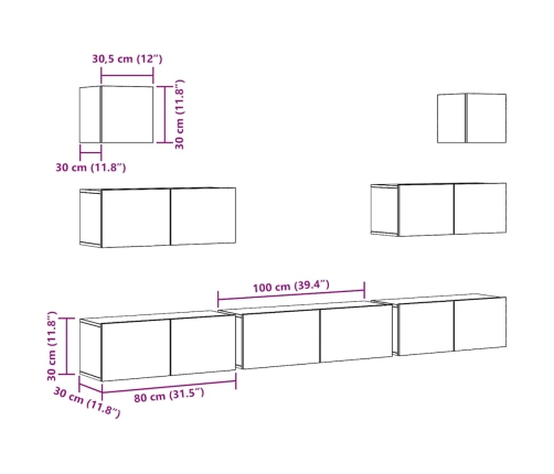 Conjunto de mueble de TV 7 piezas montado la pared madera vieja