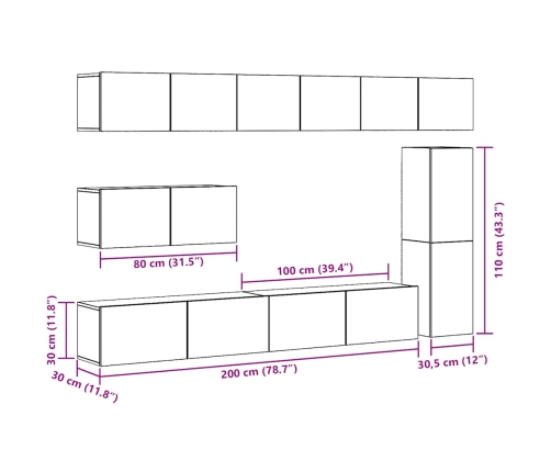 Conjunto de mueble de TV 7 piezas montado la pared madera vieja