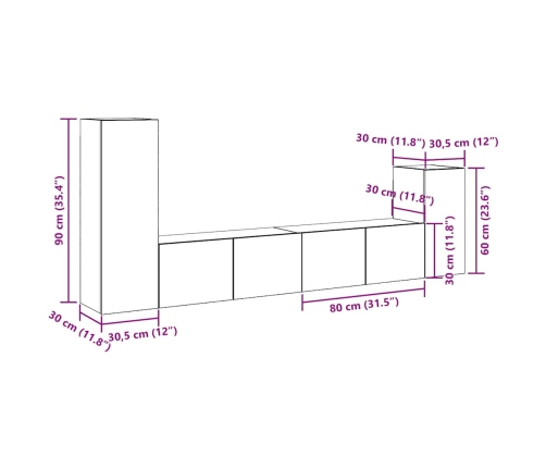 Conjunto de mueble de TV 4 piezas montado la pared madera vieja