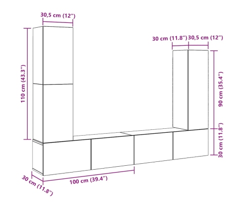 Conjunto de mueble de TV 4 piezas montado la pared madera vieja