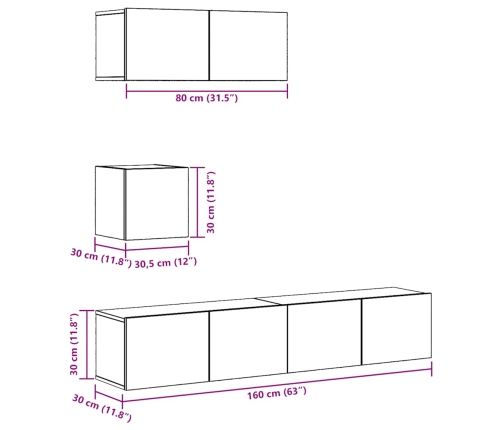 Conjunto de mueble de TV 4 piezas montado la pared madera vieja