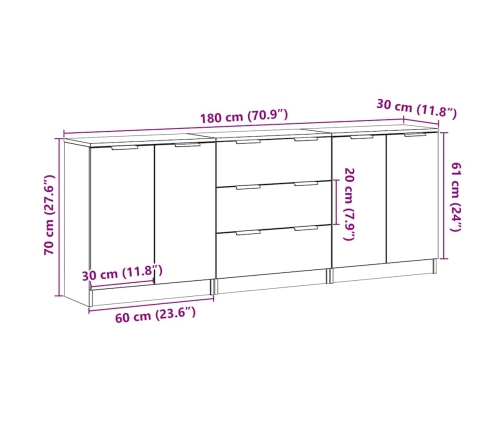 Aparadors 3 uds madera de ingeniería envejecida 60x30x70 cm