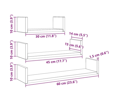 Estantes de pared 3 uds. Madera de ingeniería de roble negro