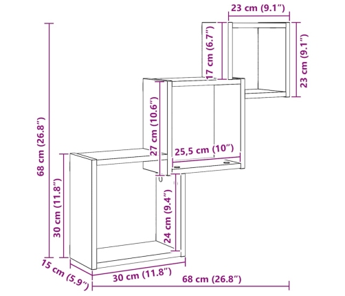 Estante cubos pared madera ingeniería roble negro 68x15x68 cm