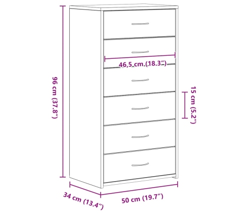 Aparador con 6 cajones roble negro 50x34x96cm madera ingeniería