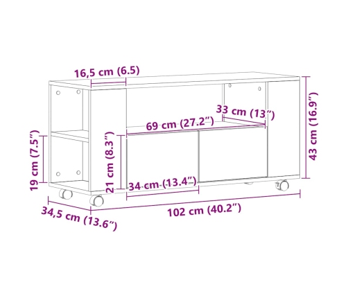 Mueble TV ruedas madera ingeniería roble negro 102x34,5x43cm