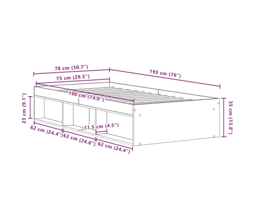 Estructura de cama sin colchón roble artesanal 75x190 cm