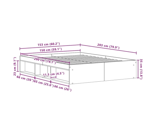 Estructura de cama sin colchón madera antigua 150x200 cm