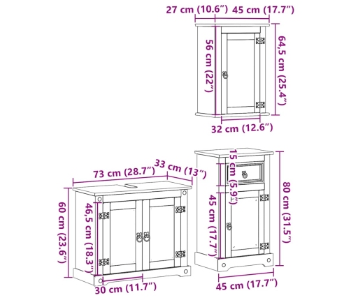 Juego de muebles de baño Corona 3 pzas madera maciza pino